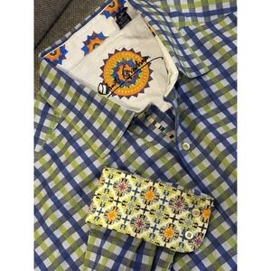 Robert Graham Shirt Men 2XLB Big Tall Jacquard Check Green Blue Button Flip Cuff